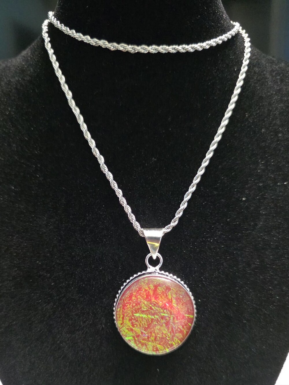 Silver Pendant Necklace with Red Iridescent Disc